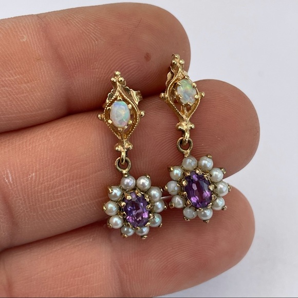 Vintage 14k Opal Seed Pearl Amethyst Drop Earrings - Picture 3 of 8